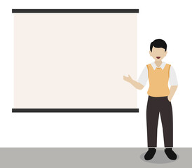 businessman pointing at a board. meeting illustration.