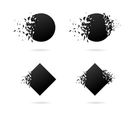 Black hexahedron, circle with explosion effect on white background with debris.