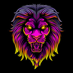 Obraz premium Vector Illustration Colorful Front View of a Lion's Head With a Growl Pose Vintage Illustration
