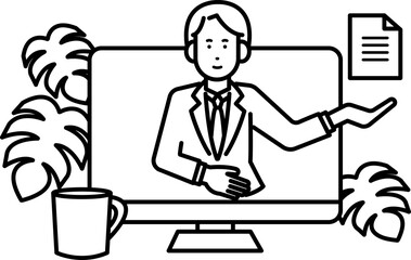 オンラインで書類を受け取るビジネスマンのイラスト素材　線画のみ