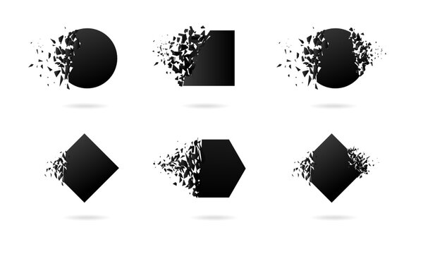 Black hexahedron, circle with explosion effect on white background with debris.