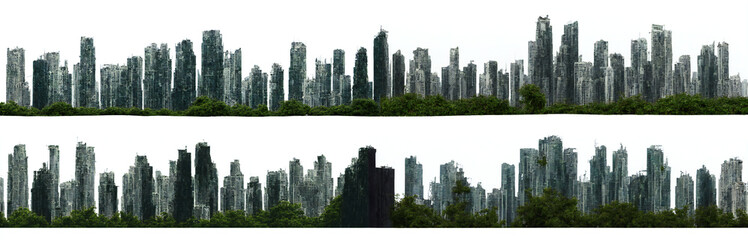 post-apocalyptic skyline, ruined skyscrapers, tall overgrown buildings isolated on white background