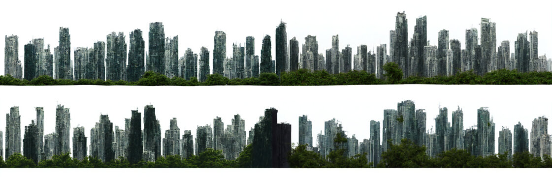post-apocalyptic skyline, ruined skyscrapers, tall overgrown buildings isolated on white background