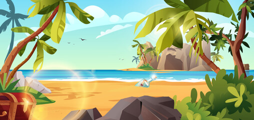 Rocky island with pirate flag and palm trees in the ocean. Bottle with paper message in it. Cartoon vector illustration