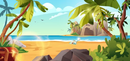 Wandcirkels Piraten Rocky island with pirate flag and palm trees in the ocean. Bottle with paper message in it. Cartoon vector illustration  © Дарья Михайлова