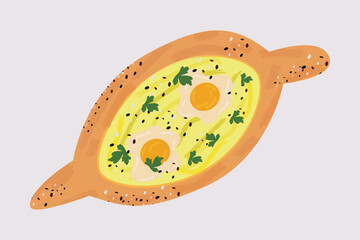 Turkish food of bread, cheese and eggs isolated on white background. Pide or lahmacun from dough. Oriental pizza or snack. Vector in flat style. Oriental cuisine and traditional dishes of Turkey.