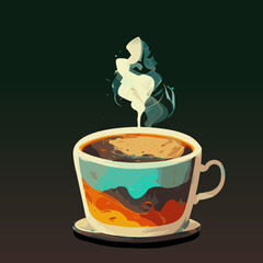 Colorful Cup Of Coffee with saucer and smoke on Green and Brown Background.Vector Illustration EPS10.Design for use in decor, poster, cards,  banner web and shirt.