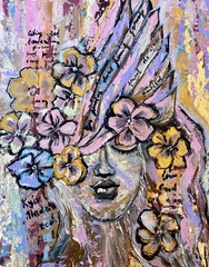 Fototapeta premium Graffiti on the wall. Abstract acrylic painting in impasto technique. The face of a girl in textural colors decorated with gold acrylic and gold sheeting. 
