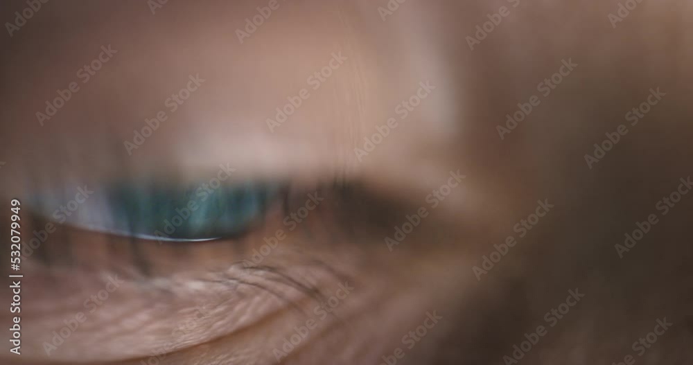 Poster blue eye, woman and reading technology data, infographic chart and research on reflection. zoom on d