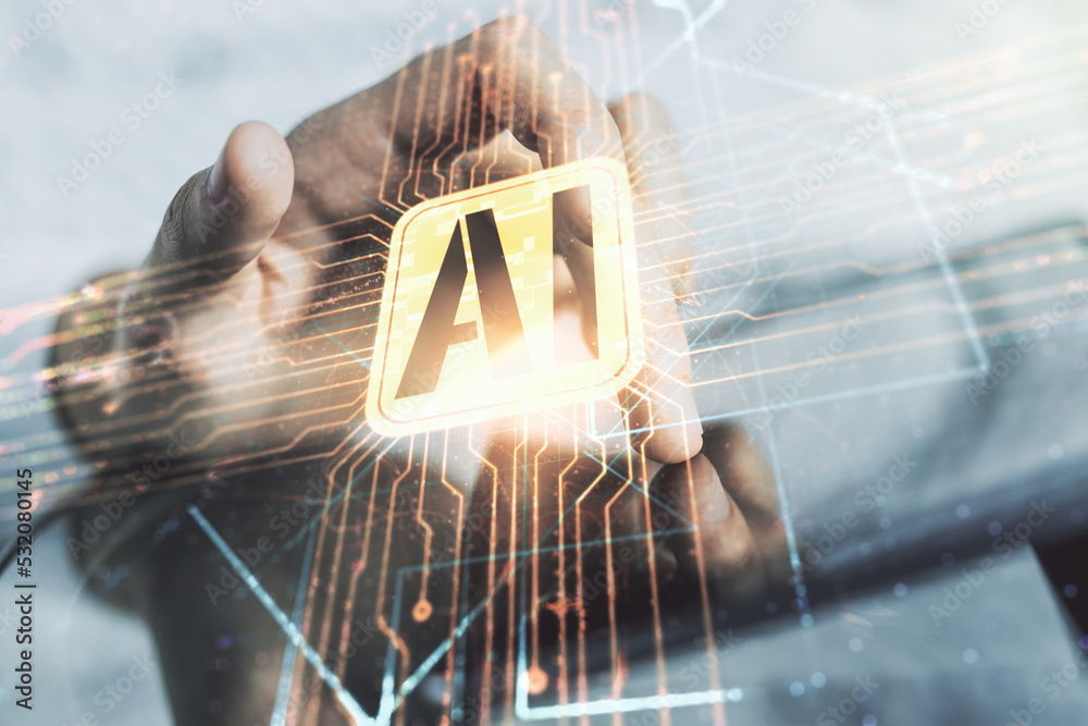 Aufkleber Double exposure of creative artificial Intelligence icon with finger clicks on a digital tablet on background. Neural networks and machine learning concept