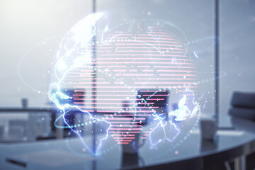 Double exposure of abstract digital world map hologram with connections on a modern boardroom background, big data and blockchain concept