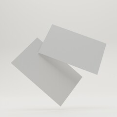 two white blank business cards floating sideways with shadows for mock up, 3d rendering