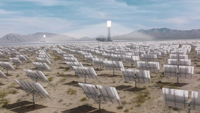 Ivanpah Solar Electric Generating System in California's Mojave Desert as seen from above. Aerial view of the largest thermal power plant in the world. High quality 4k footage