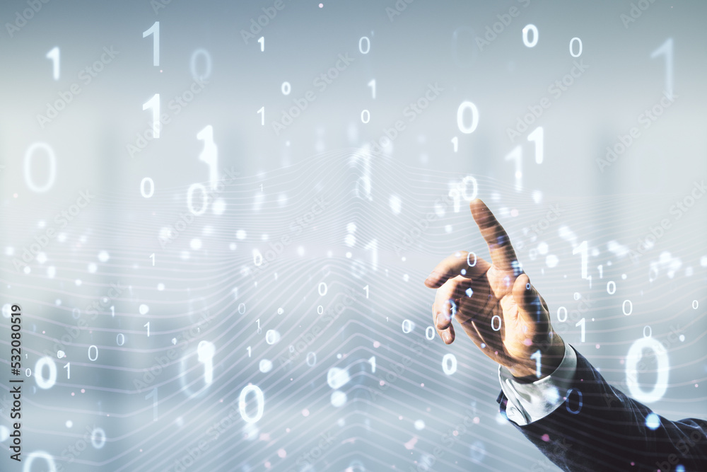 Leinwandbilder man hand clicks on abstract virtual binary code hologram on blurred office background, ai and machin
