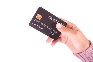 Hand Woman with Sweater holding Credit Card on white background, Technology Electronic for Pay of Buy Products Shopping,Plan Investment Income and Save Money for 2023 Wew Year,Business or Finance.