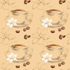 Pattern with cup, coffee, vanilla on beige background