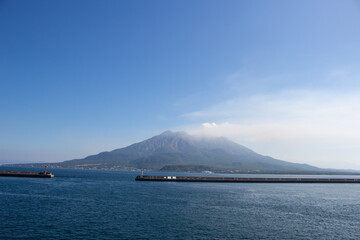 Sakurajima Volcano (Active Volcano) with blue sea in Kagoshima, Kyushu, Japan