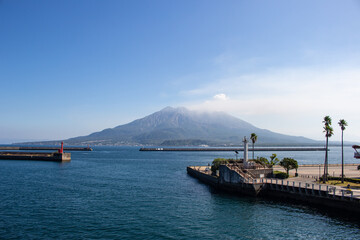 Obraz premium Sakurajima Volcano (Active Volcano) with blue sea in Kagoshima, Kyushu, Japan