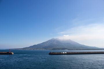 Sakurajima Volcano (Active Volcano) with blue sea in Kagoshima, Kyushu, Japan