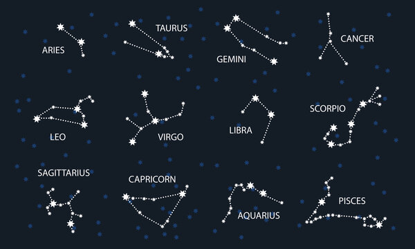 Set of Zodiac Constellation. Sky map. Horoscope Symbol. Star Constellations of 12 Zodiac Signs. 
Vector illustration of Astrological signs for calendar, horoscope