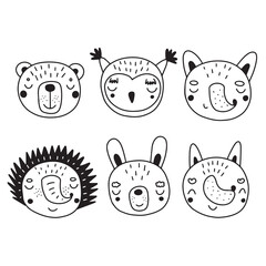 Set with cute animals in doodle style. Vector illustration in black and white for textile decoration and nursery