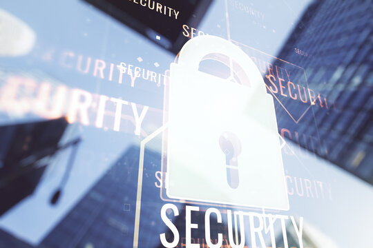 Virtual creative lock illustration with microcircuit on modern architecture background, cyber security concept. Multiexposure