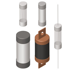 _isometric_docSafety electronic components group, Set of miniature electrical fuses for overcurrent protection in electronics. . Metal fusible wire or strip between two terminals enclosed_