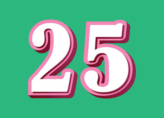 Number twenty five. 3D number. Pink figures on green background