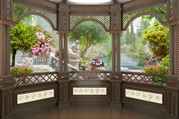 View from the terrace to the park with a pond. Photo wallpapers. The fresco.