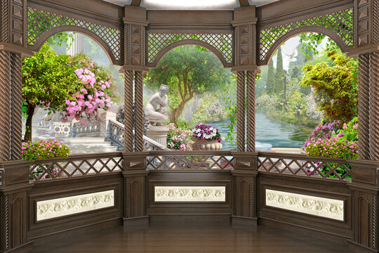 View from the terrace to the park with a pond. Photo wallpapers. The fresco.