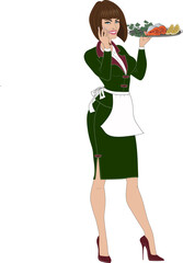 Cheerful waitress holds a dish with salmon slices, lemon slices and parsley