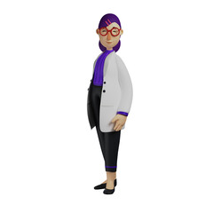 3D illustration. 3D Cartoon Charismatic Female Doctor wearing red glasses. with a tilted body position. showing a funny laugh expression. 3D Cartoon Character