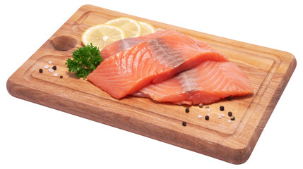 piece of salmon fillet on wooden cutting board