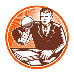 Fototapeta premium Businessman Magnifying Glass Looking Documents