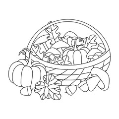 Fototapeta premium Basket with mushrooms and pumpkin. Autumn coloring book for children and adult. Vector illustration
