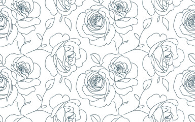 Abstract seamless pattern with roses. Beautiful blossoming hand drawn flower on white background. Line art wallpaper. Vector stock illustration - obrazy, fototapety, plakaty