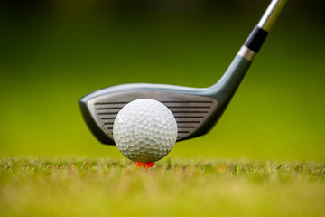 Golf clubs and golf balls on a green lawn in a beautiful golf course with morning sunshine