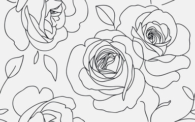 Abstract seamless pattern with roses. Beautiful blossoming hand drawn flower isolated on white background. Line art design. Vector stock illustration - 532084172