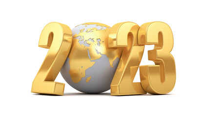 New year inscription 2023 and a golden globe on a white background. 3d render illustration. Europe.