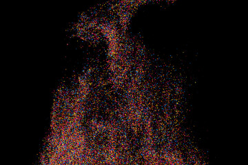 Colorful explosion of confetti. Grainy abstract multicolored texture isolated on black background. Flat design element. Vector illustration,eps 10.
