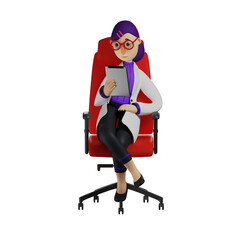 3D illustration. Beautiful 3D Cartoon Female Doctor sitting on a red chair. playing laptop in hand. with a serious expression. 3D Cartoon Character