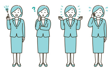 スーツを着た女性の表情バリエーションのイラストセット②（水色バージョン）