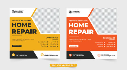 Modern home repair service template design for social media marketing. House renovation and repairing business promotional web banner vector. House construction business advertisement template.
