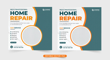 Home repair service social media post vector with yellow and orange colors. House renovation business promotional template vector for online marketing. Home construction and handyman web banner design