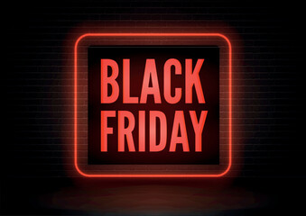 Black friday total sale vector banner template. Stylish capital letters inscription illuminated with neon outline. seasonal shopping event ads on 3d cube. Neon light discount offer poster design