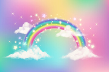 Fantasy unicorn background with clouds on rainbow sky. Magical landscape, abstract fabulous wallpaper with stars and sparkles. Arched realistic spectrum. Vector.