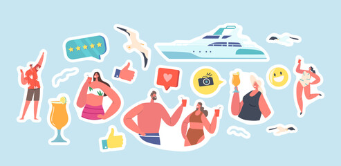 Set of Stickers Summertime Vacation Cruise. Young People Relaxing, Luxury Yacht. Happy Male and Female Characters Rest - obrazy, fototapety, plakaty