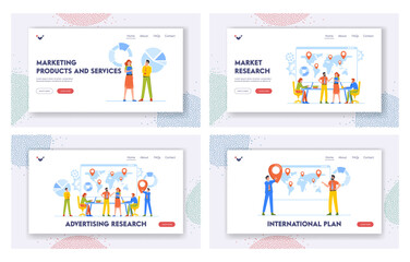 Fototapeta na wymiar Management Research Landing Page Template Set. Business People Think and Discussing Idea in Office with Map