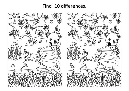 Ants are coming back to the anthill. Difference game, or picture puzzle, and coloring page. Black and white, printable.
