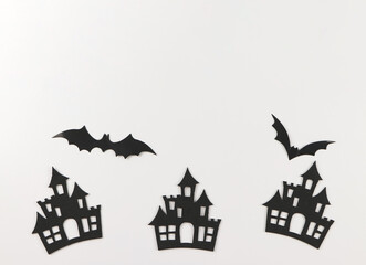 decorations for Halloween holiday, castles and bats on white background.
